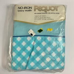 Vtg PEQUOT Luxury No-Iron Muslin Blue White Checkmates TWIN Flat Sheet NOS